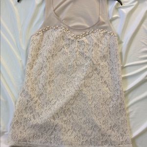 Lace, pearl, and beaded tank top